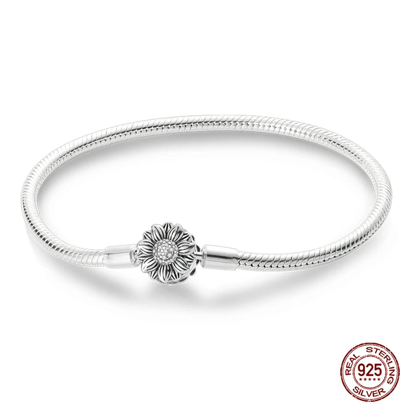 925 Sterling Silver Charm Bracelet – Star Moon Sun Four Leaf Clover Zircon | DIY Birthday Gift for Women (17-20cm)