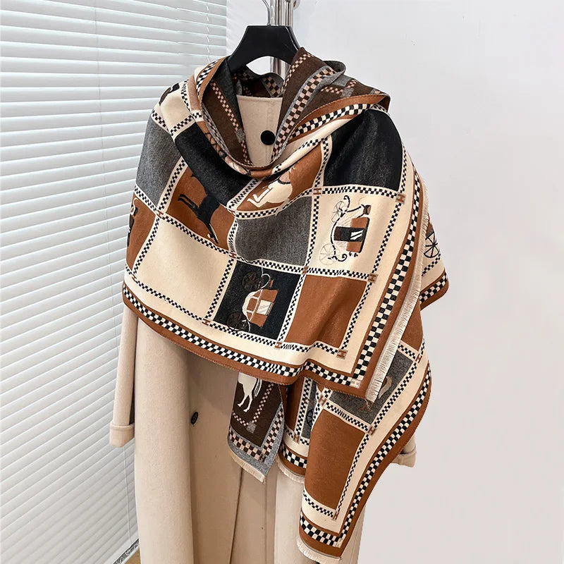 Women's Horse Print Poncho Shawl Wrap, Thick Winter Scarf