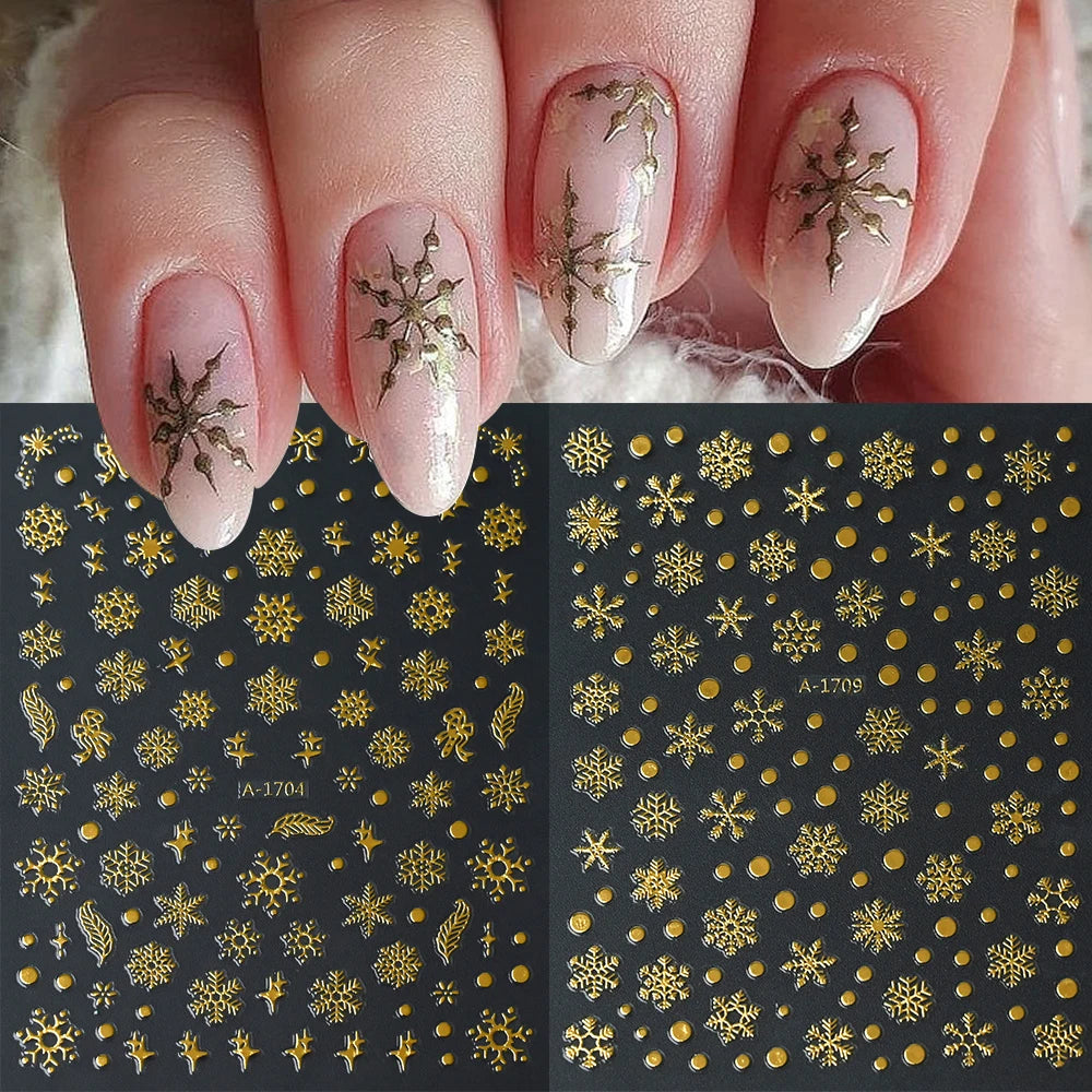 12pcs/set Gold Laser Snowflake Nail Stickers Set 3D Luminous Snowflakes Adhesive Nail Decals Winter Snowman Elk Maniucre Decorat