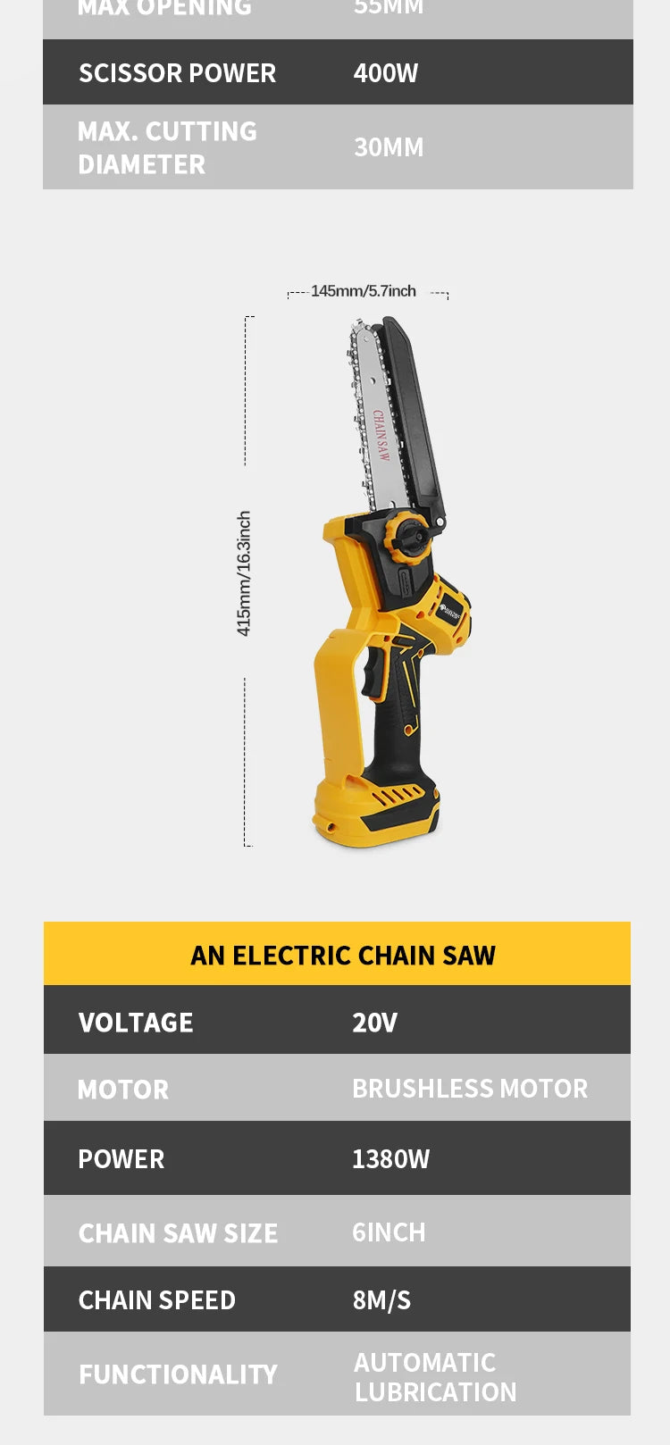 Brushless 6 Inch Electric Chainsaw Telescoping Pole Pruner High Branch Saw Garden Tree Pruning Tool For Dewalt 20V Battery Pin