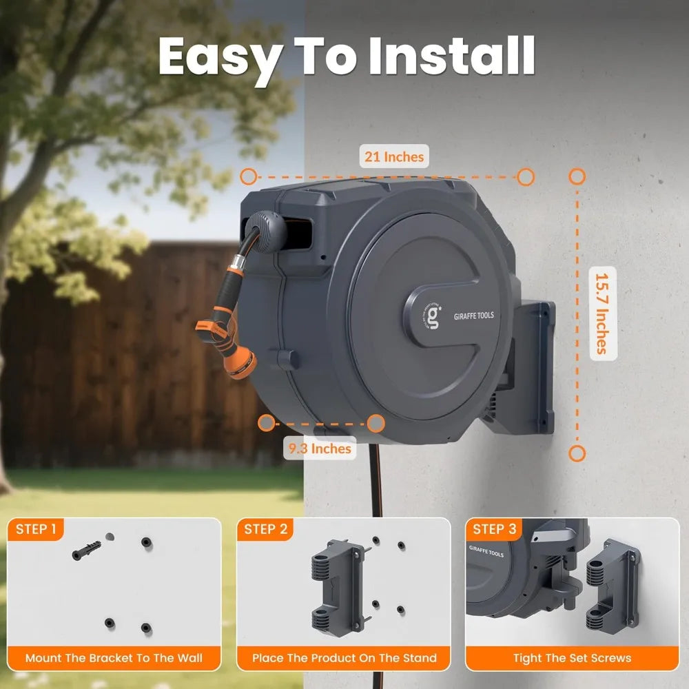 Retractable Garden Hose Reel, 5/8" x 62 ft, Wall Mounted, Lock at Any Length, 9-Function Nozzle
