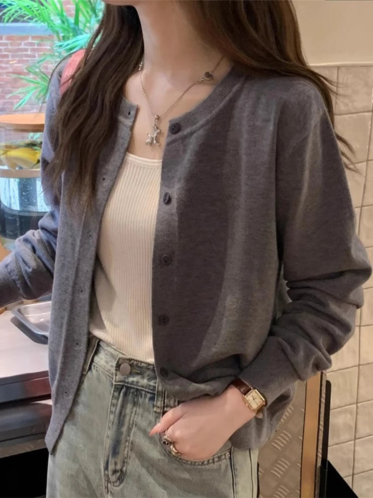 Women's slim button cardigan, crew neck knit — view 2 of 20