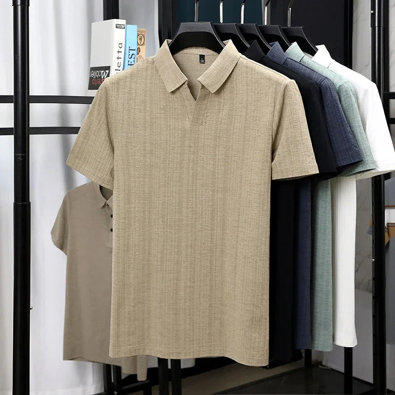 Men's Linen-Blend Polo - Minimalist Plain Lapel, Breathable Soft