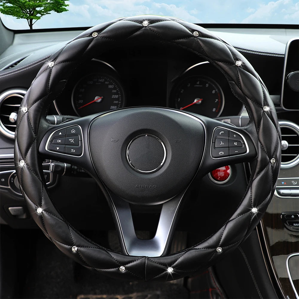 Soft leather embroidered stereo diamond-studded car steering wheel cover with inner ring fits 14.5-15 inches