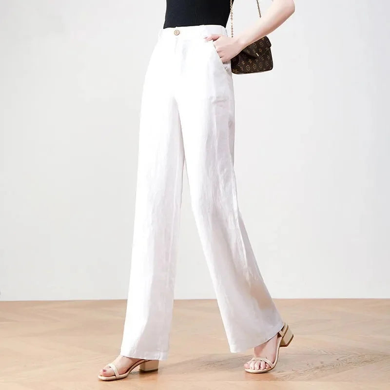 Cotton Linen Wide Leg Pants Lady New Spring Summer Thin Casual Solid Long Pants Women Elastic High Waist Loose Straight Trousers