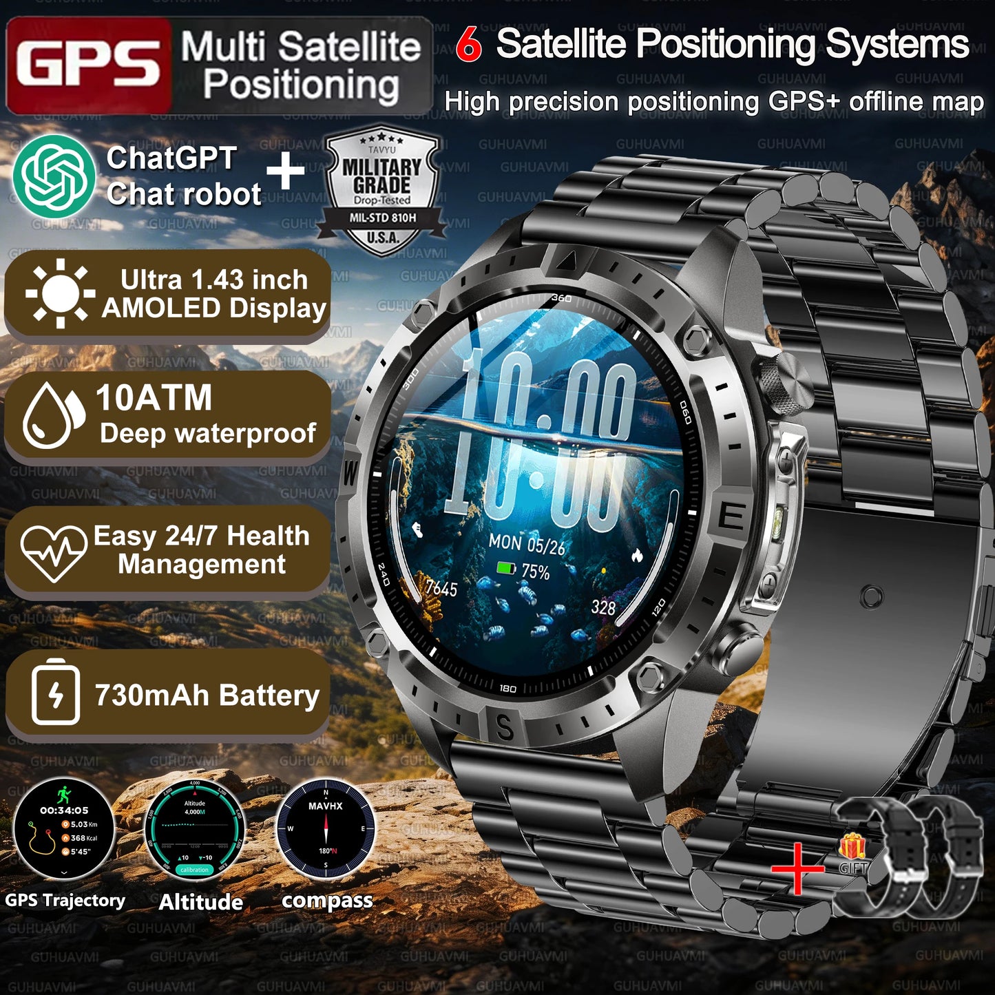 Military-Style GPS Smart Watch — Offline Maps, 10ATM, 2GB RAM