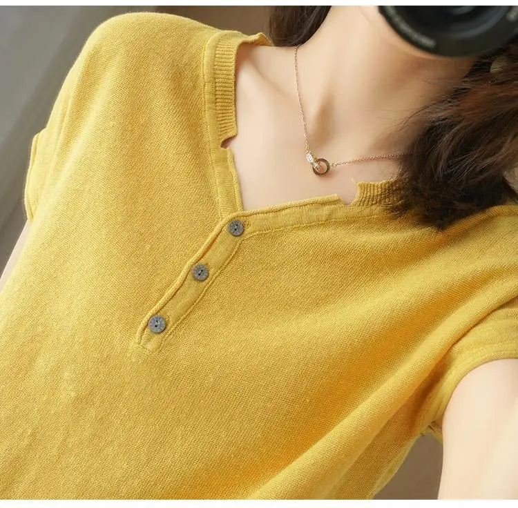 Summer 100% pure cotton women's T-shirt V-neck knitted short sleeved loose Tees solid color pullover button Tops basic versatile
