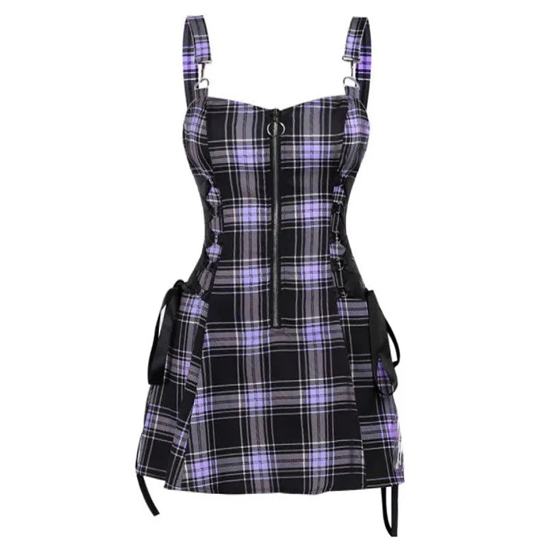 Dark Gothic Women Plaid Dress High Waist Bodycon Vintage Punk Harajuku Lolita Sleeveless Streetwear Y2K Sexy A-Line Mini Dresses