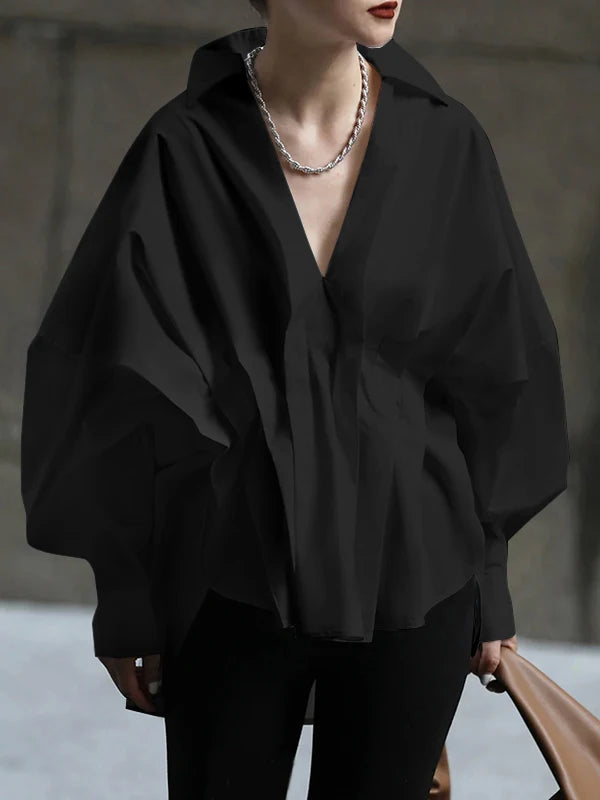 Missuoo Women's Solid Black Oversized V Neck Cotton Blouse 2026 Casual Batwing Sleeve Gathered Waist Buttonless Shirt Top