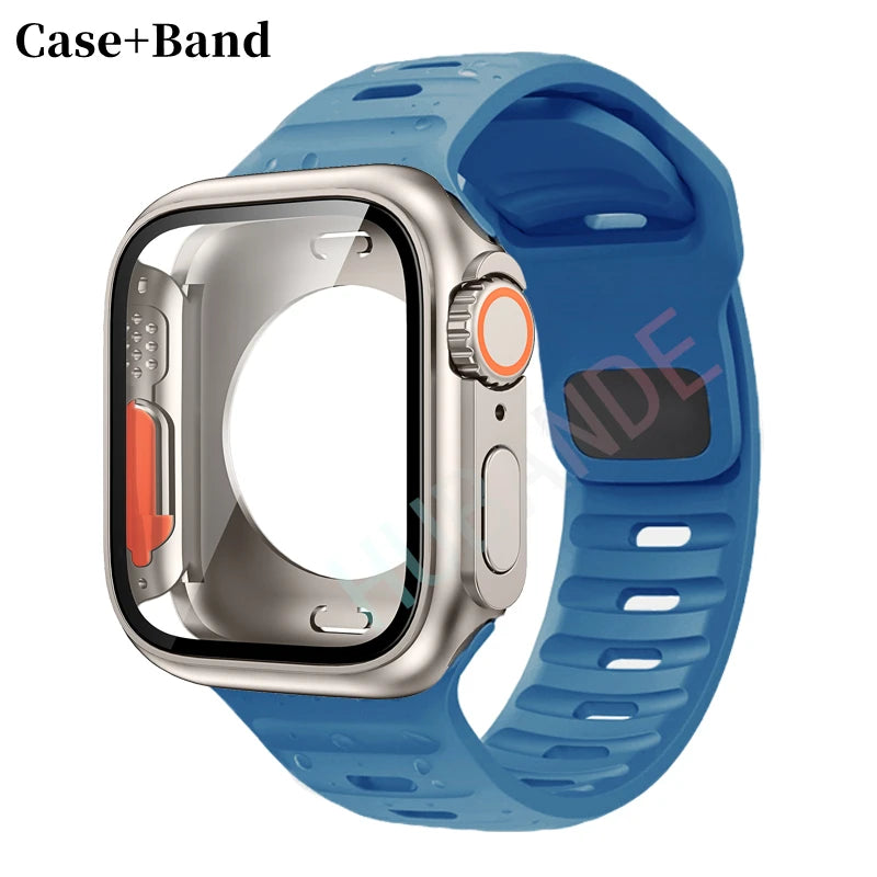 Silicone strap For Apple Watch 44mm 45mm 41mm 40mm Bracelet+Screen protectores Change to Ultra For iWatch Series 9 8 7 SE 6 5 3