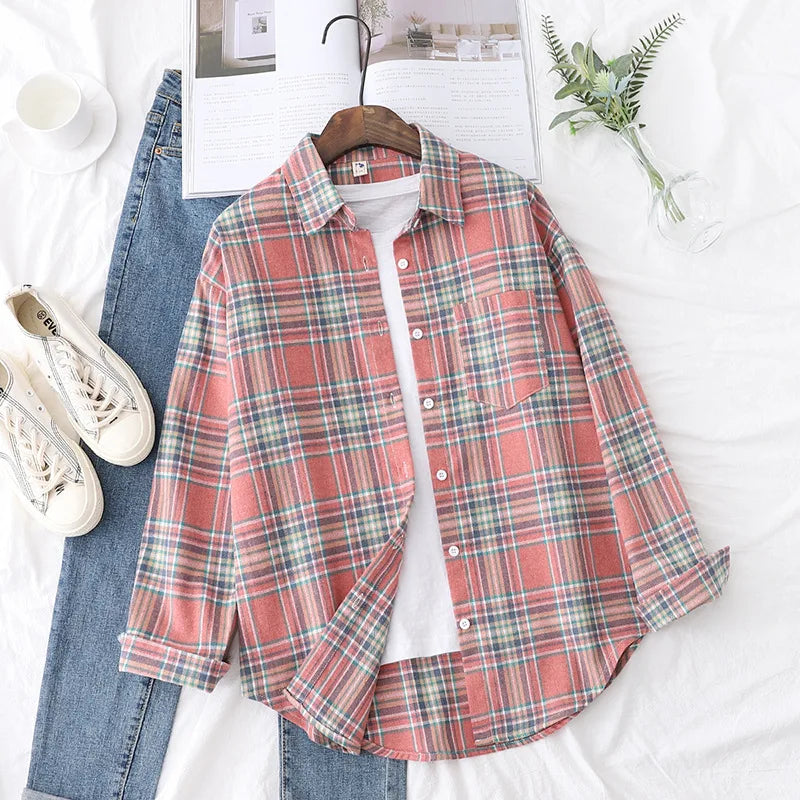 Women's Plaid Long Sleeve Shirt - Loose Casual Button-Up Blouse - photo 30