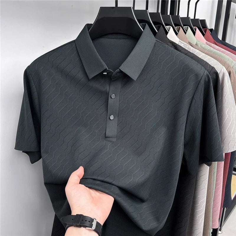 Men's Wavy-Texture Mesh Polo - Sweat-Wicking Lapel, Lightweight