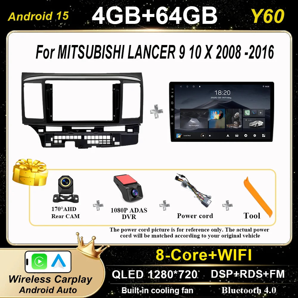 Android Car Stereo for Mitsubishi Lancer 9, 10 & X (2008–2016) — CarPlay, GPS, DSP, 4G+WiFi, 2-DIN