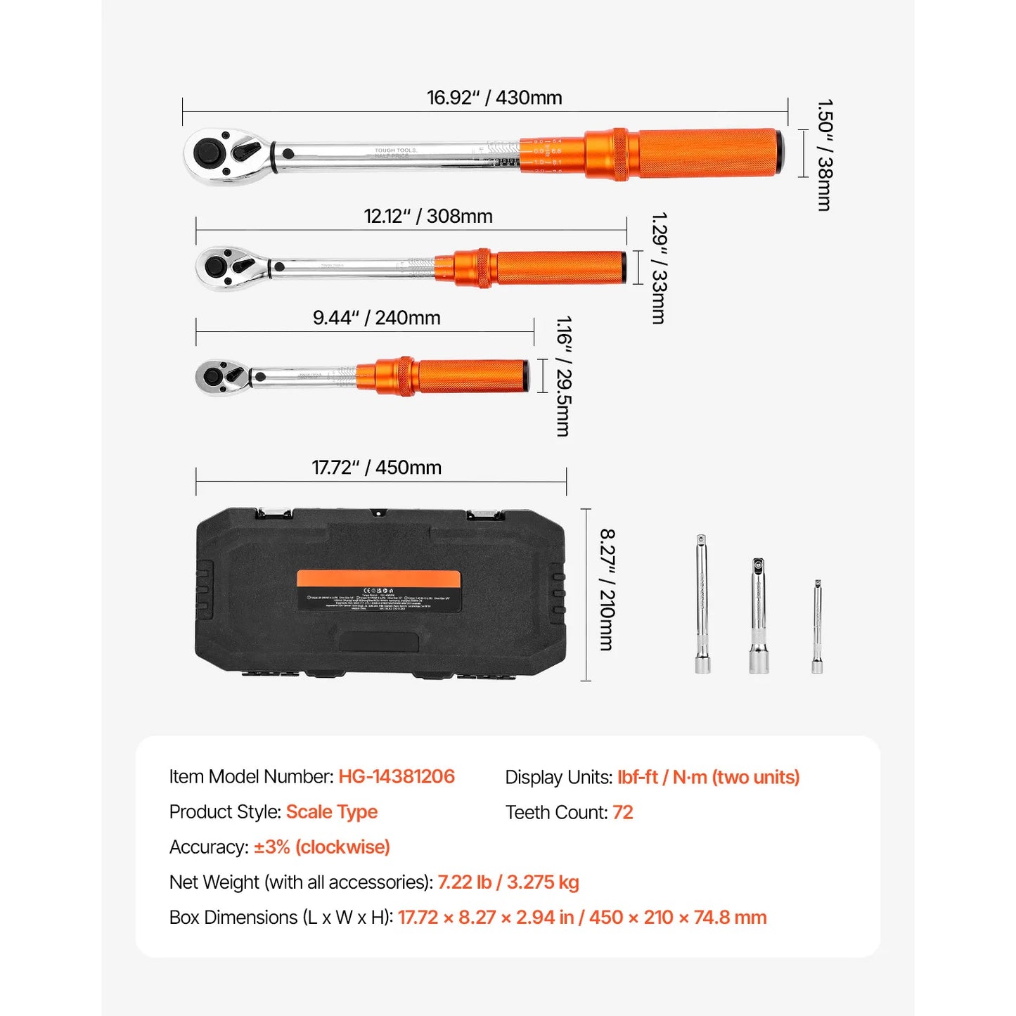 SucceBuy Mechanical Click Torque Wrench Set – Dual-Direction Adjustable Drive Wrench with Dual Range Scales | Multiple Torque Ranges | Auto & Precision Tool