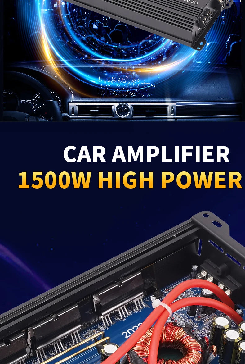 Car Max 1500W single-channel car audio amplifier, low distortion, smooth sound quality, Class D high-power car power amplifier,