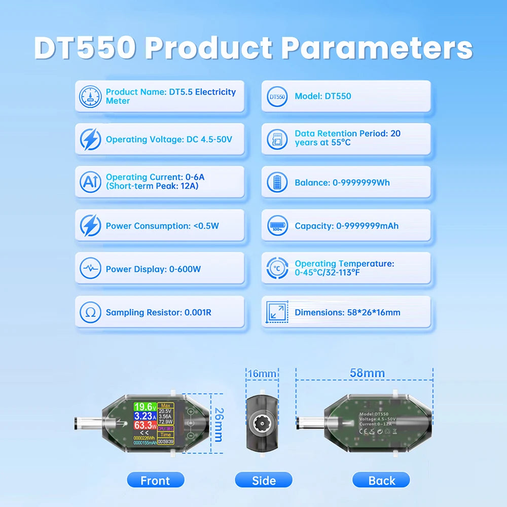 DC5.5 * 2.5 Interface Tester DC 4.5-50V 0-12A High-precision Voltage Current Tester Digital Voltmeter Ammeter Power Meter DT550