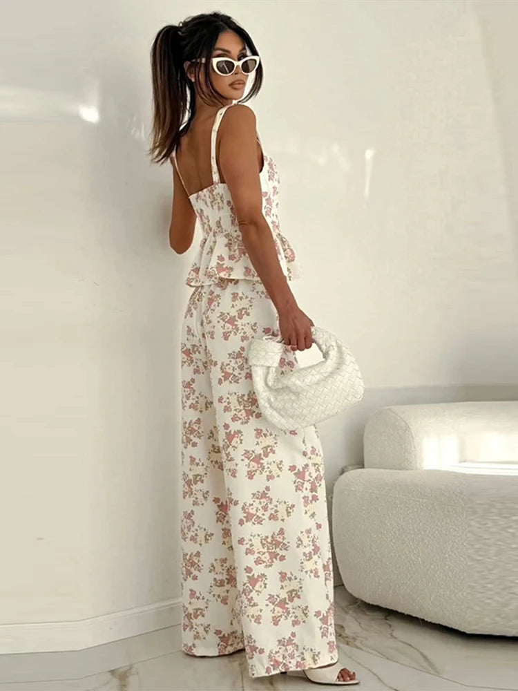 Floral Ruffle Sling Top & Wide-Leg Pants Set — 2-Piece