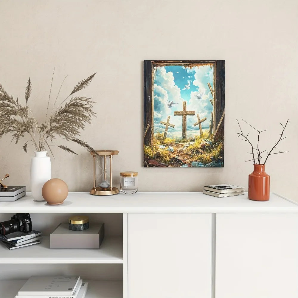 Retro religious mural canvas, Golden sunset painting Heaven's Way Christian mural, 1.5 inch thick pine solid wood frame