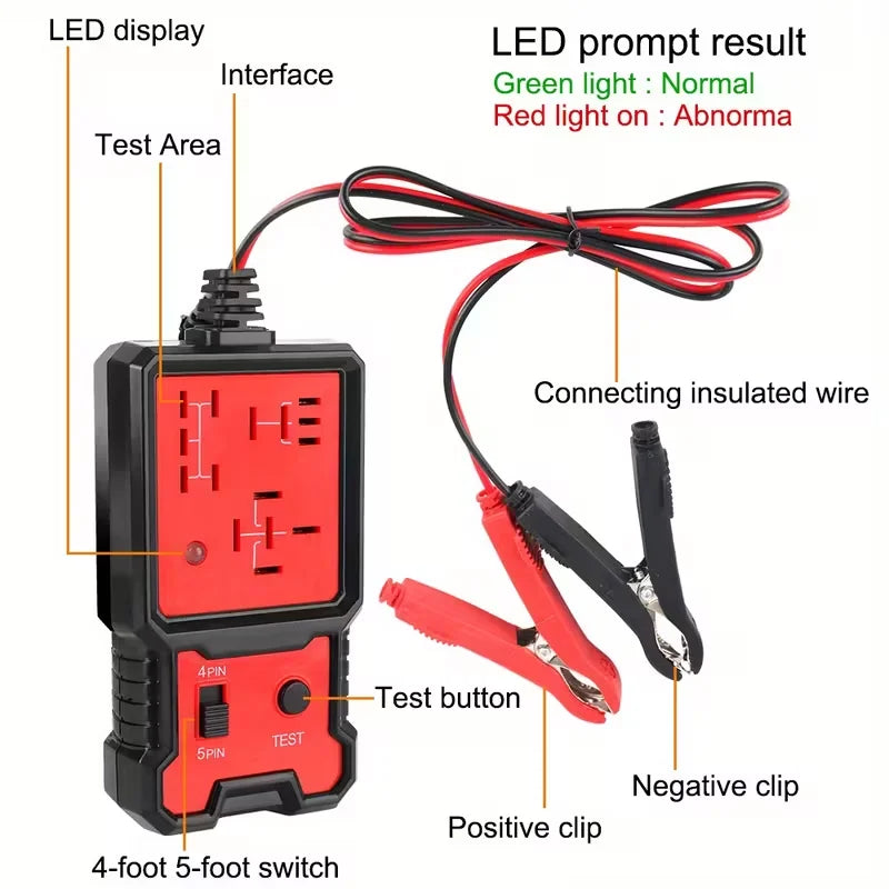 Compact 12V Automotive Relay Tester with Battery Clamp - Easy-To-Use 4-Pin and 5-Pin Relay Tester with Clear Terminal Display, Spdt Switch and Copper Contacts, Hard-Wired/Battery-Powered (Battery Not Included), Suitable for E