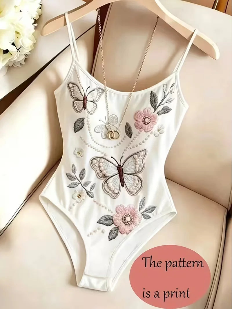 White Butterfly Floral Embroidery Bodysuit Women Spaghetti Strap Ballet Dancewear