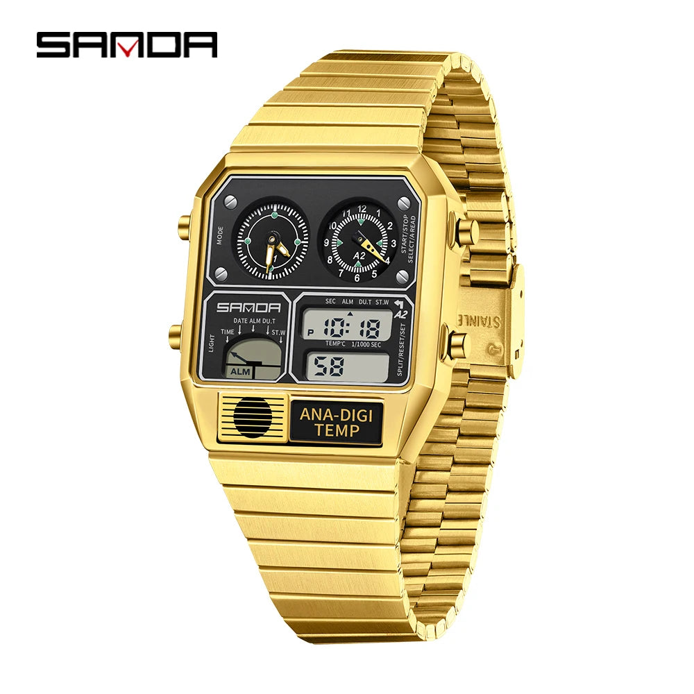 SANDA 3192 Men's Sport Watch – Analog-Digital LED, Waterproof, Stainless Steel