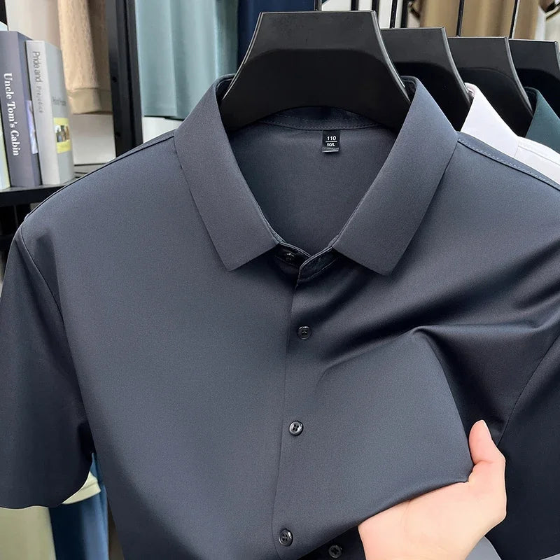Men's Ice-Silk Dress Shirt - Short Sleeve, Wrinkle-Free Commute