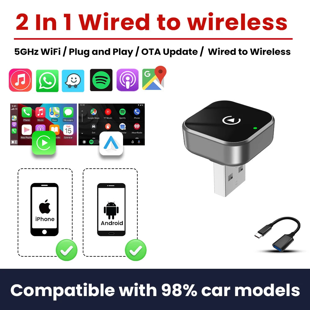 2in1 Wireless CarPlay Adapter Android Auto Dongle Bluetooth Plug&Play Car Intelligent System Suitable For Audi MG Kia VW GMC
