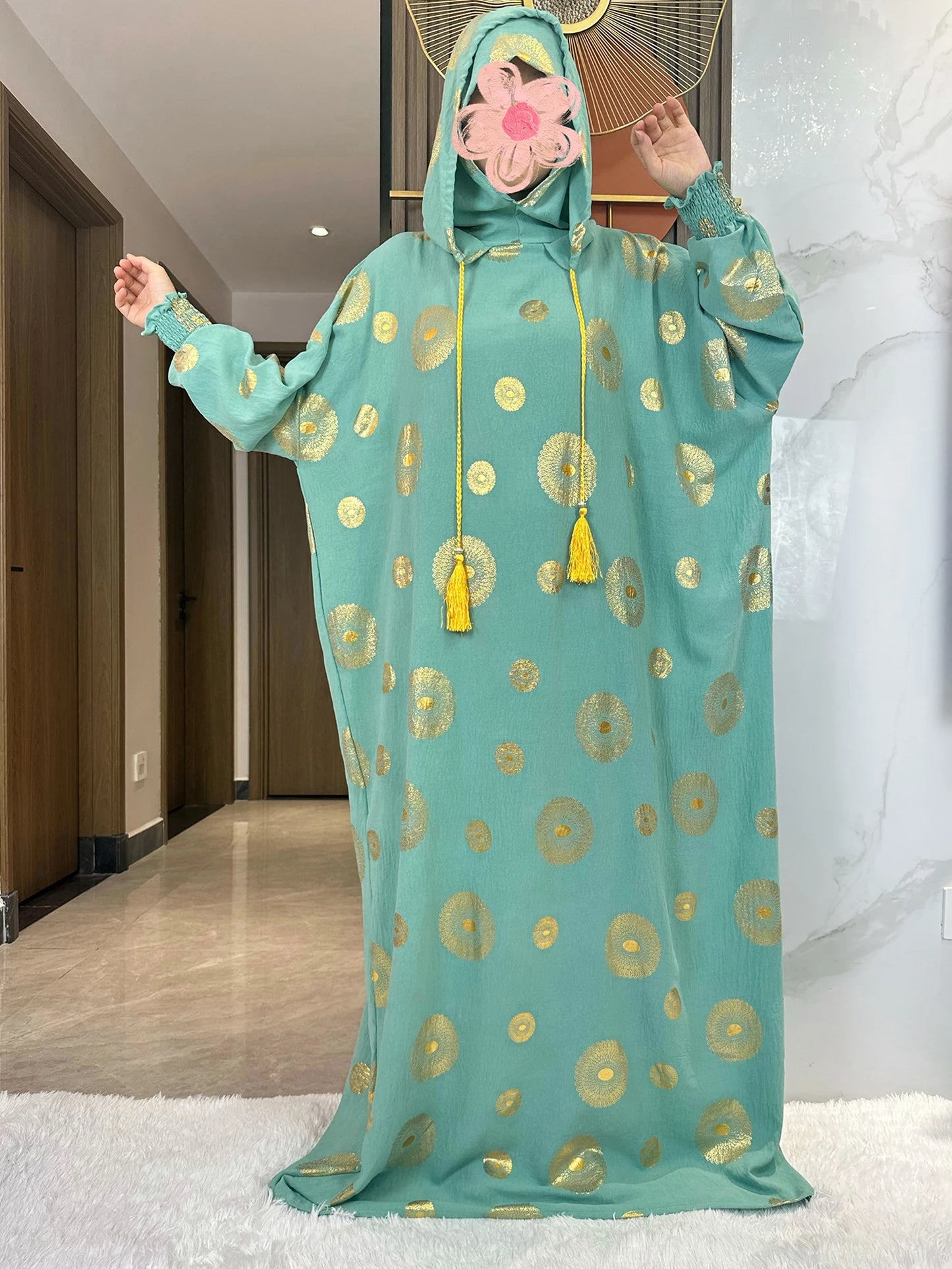 Women's Cotton Embroidered Abaya Kaftan – Gold Dust Shimmer, Loose Fit, All-Season Muslim Dress
