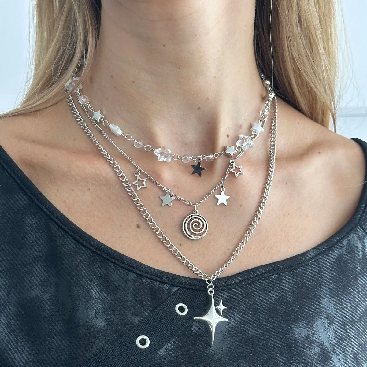 Stainless Steel Spiral Pendant Necklace — Layered Star Choker