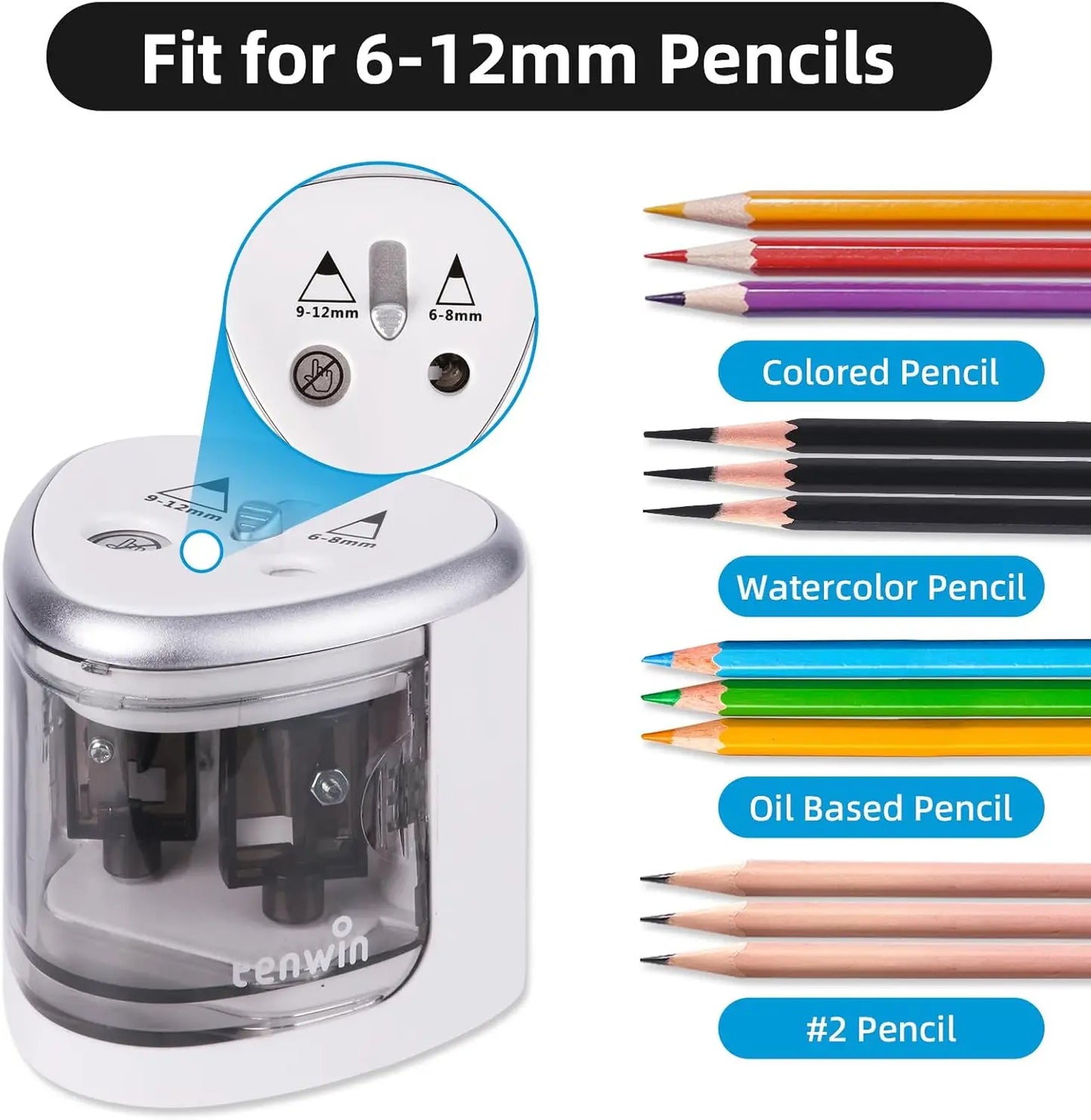 Tenwin New Two-hole Electric Automatic Pencil Sharpener Switch Pencil Sharpener Home Office School Supplies Stationery Art