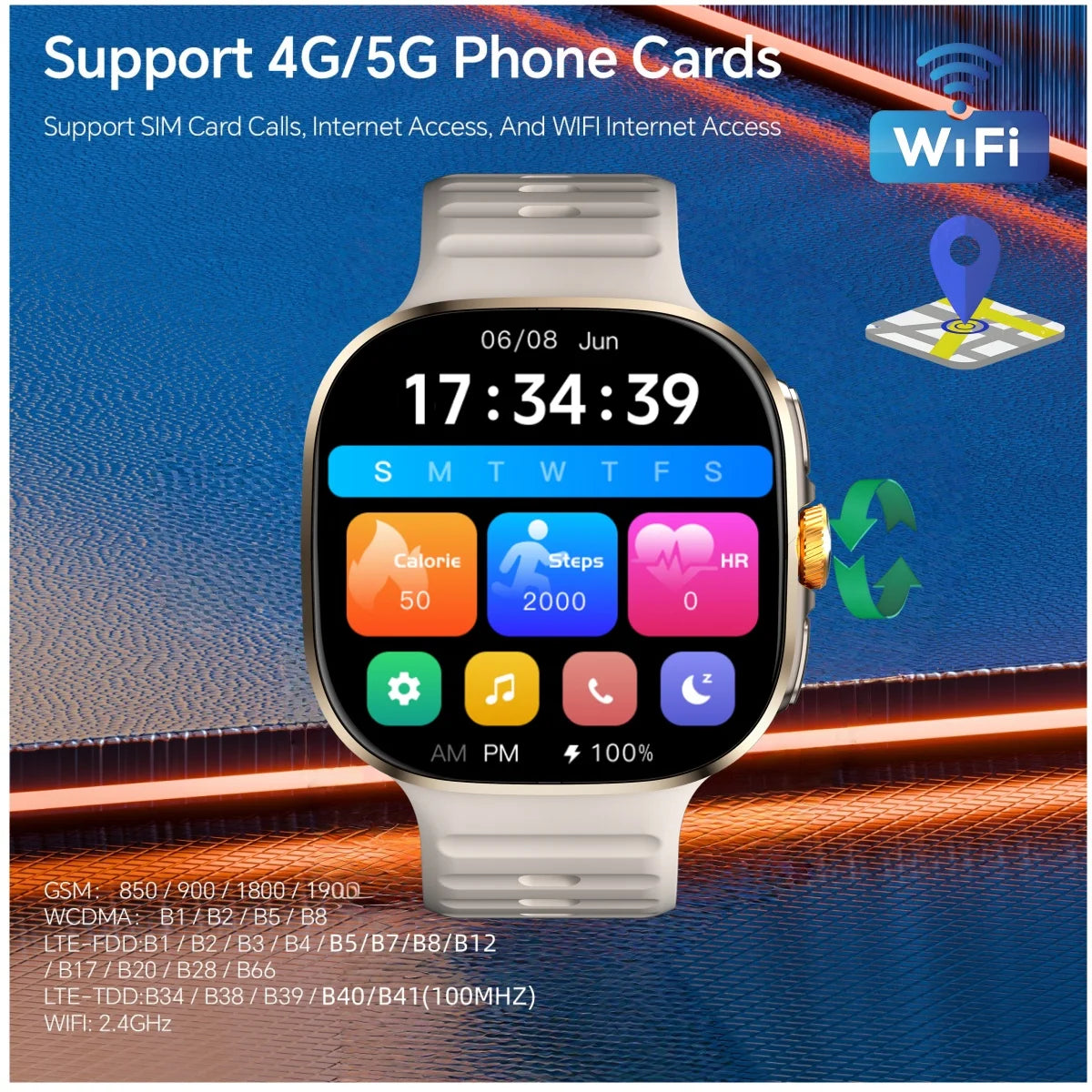 Cellular M99 Smartwatch 2.4 inch Amoled Screen insert 4G/5G Sim Card GPS WIFI 190° Rotating Camera Game Android 10.0 Smart Watch