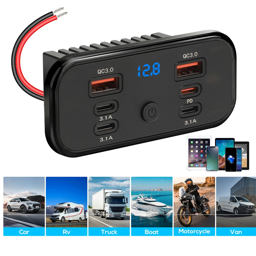 12V-24V 4 Ports Dual USB PD3.0 QC3.0 Outlet 76W Type-C Quick Charge Panel Wall Mount Charger Adapter for Marine Bus ATV Truck RV