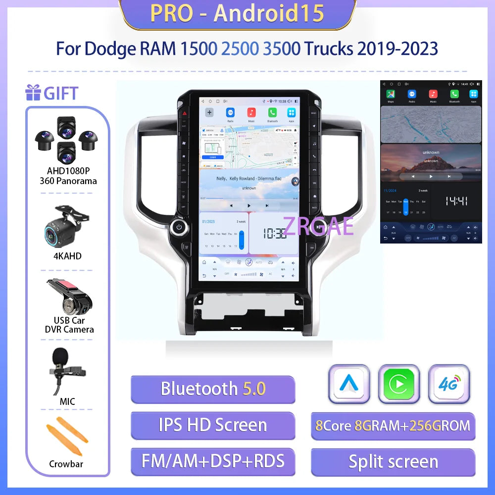 Android 15 Car Radio for Dodge Ram 1500/2500/3500 2019-2023 - 14.5" Tesla-Style Screen