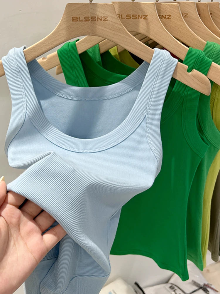 AOSSVIAO Women Solid Round Neck Ribbed Tank Top Camisole Women 2026 Summer Basic Elastic Tank Top O Neck Solid Tank Top
