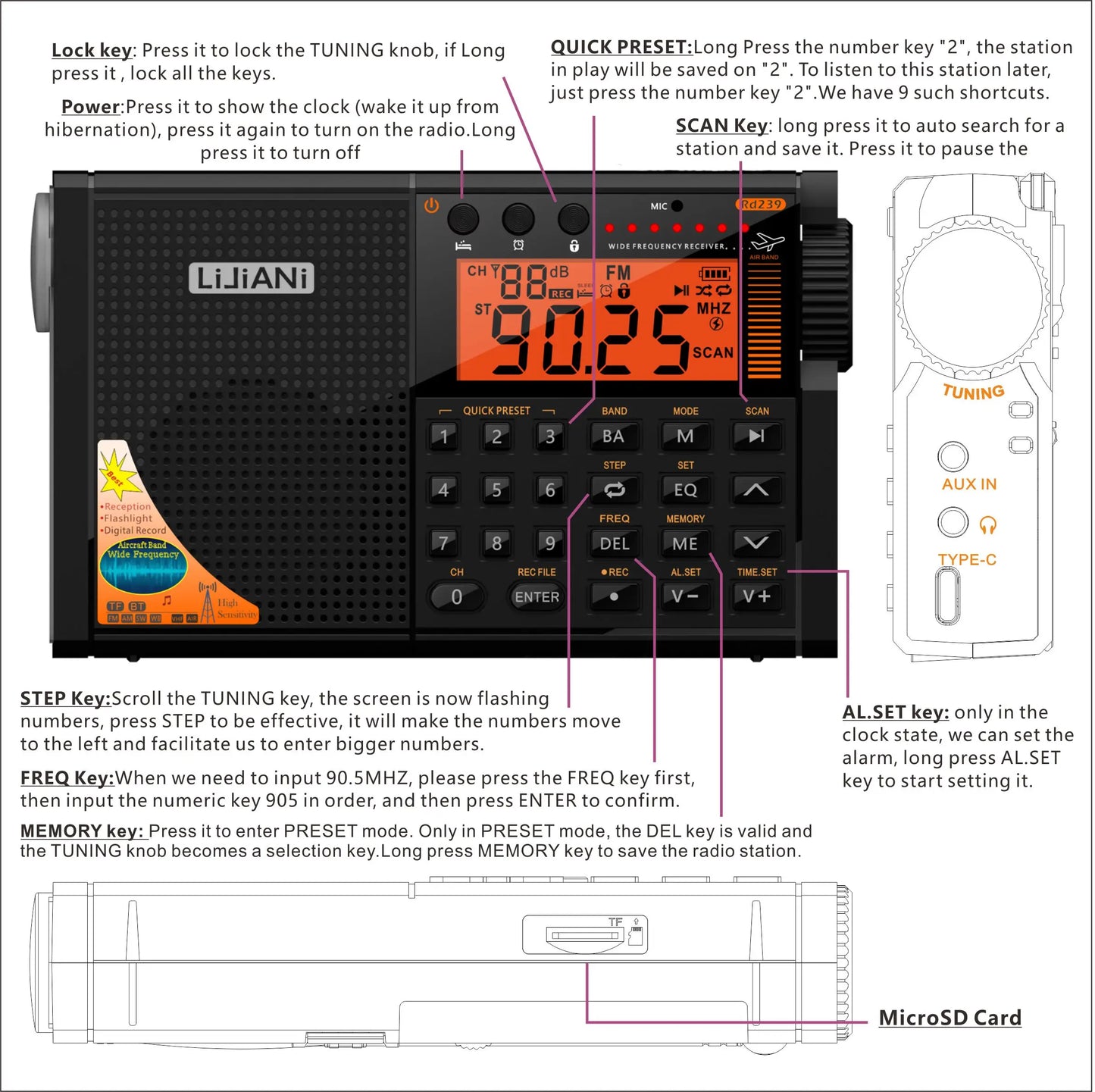 rd239 Aircraft Radio AIR/VHF/AM/FM/SW/Weather Bands Transistor with Bluetooth/TF Card/Flashlight,MP3 Player, Digital Record,
