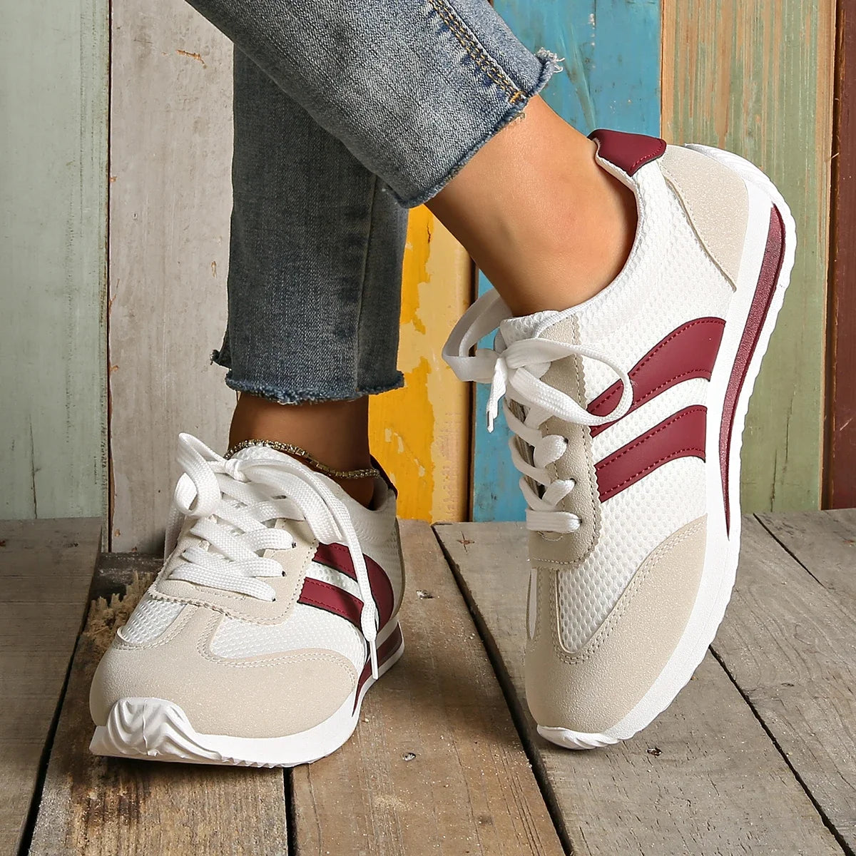 Striped Platform Sneakers for Women — Vulcanized Lace-Up Casual Running Shoes