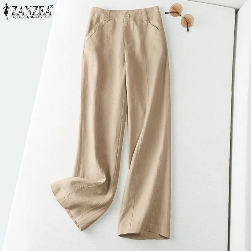 ZANZEA 2026 Spring Summer Cotton Linen Pants Women Long Trousers Wide Leg Plain Holiday Casual Pants Streetwear Fashion Bottoms