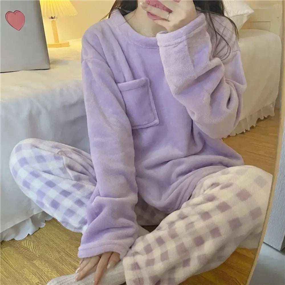 Women's Fleece Pajama Set - Solid Top & Plaid Pants