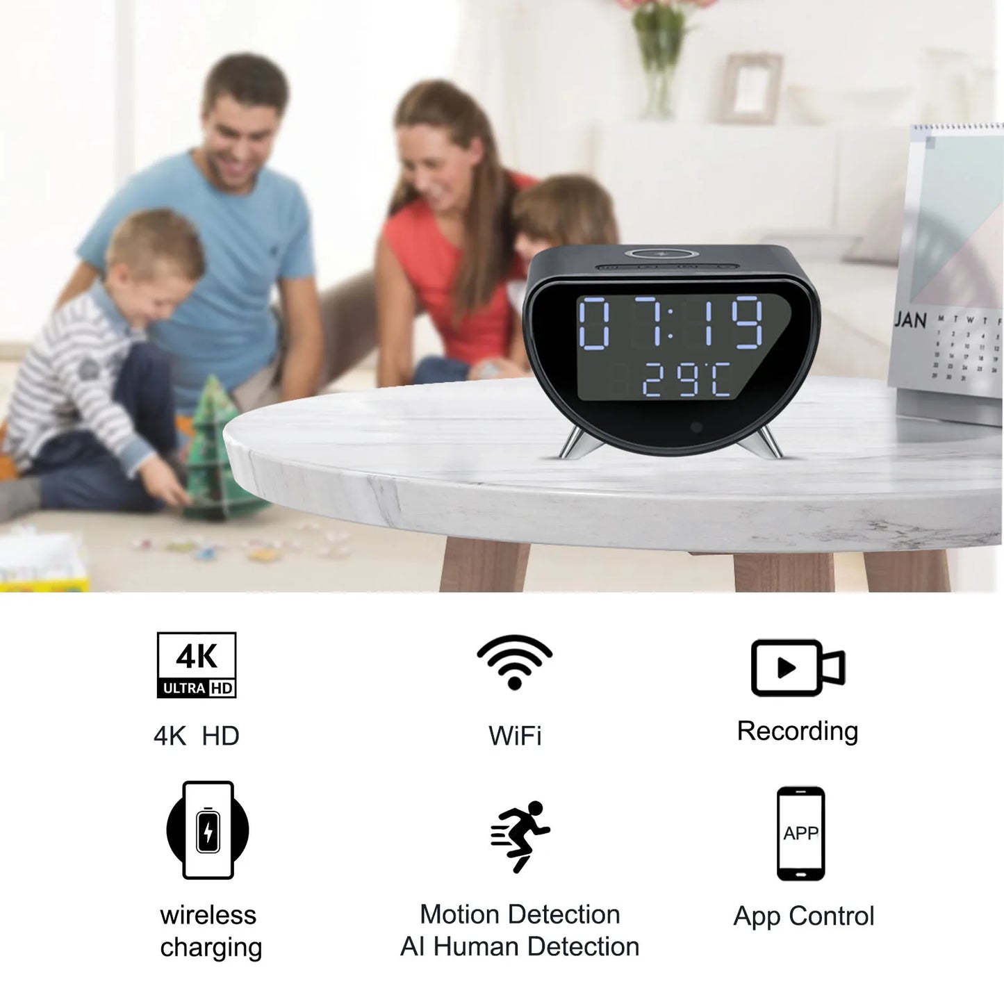 4K WiFi Clock Camera — Wireless Charging Home Security Monitor