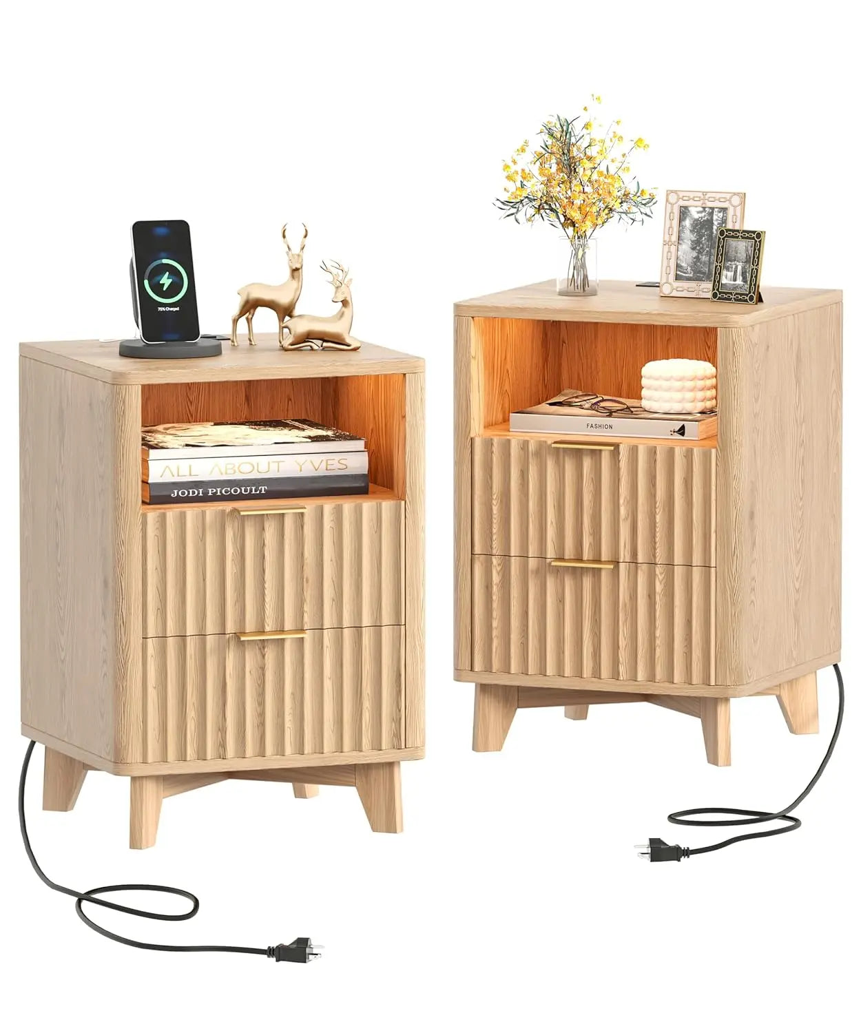 Fluted Nightstand Set USB LED 2 Drawers Shelf Small Bedroom Oak,Customized