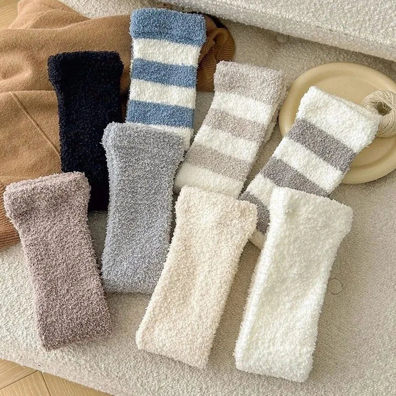 Women's Striped Coral Fleece Leg Warmers, Over the Knee