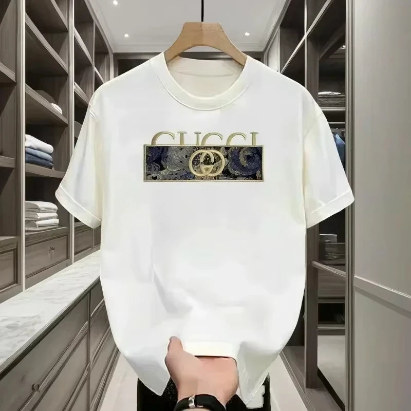 Summer 2026 New Brand Luxury Letter Pattern Printed Men's 100% Pure Cotton Short Sleeve Round Neck T-shirt