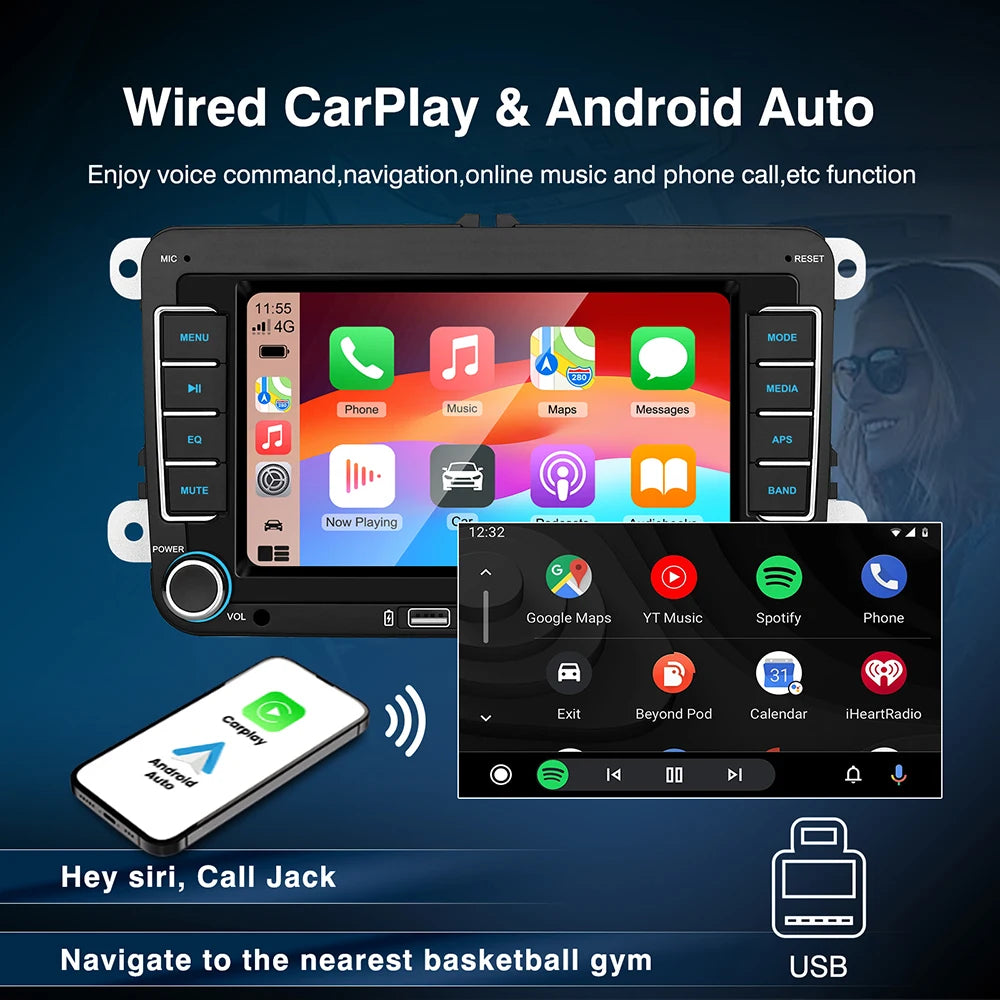 7" 2-DIN Car Stereo — CarPlay, Android Auto, AirPlay & RDS for VW, SEAT, Skoda (Passat, Golf, Polo)