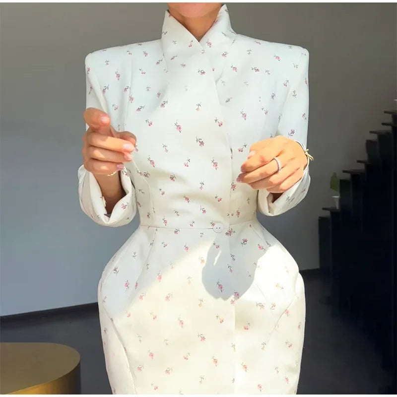 Women Cross Collar Floral Jacket Coats Stand Neck Waist Cinching Single Breasted Pad Shoulder Coats Lady Spring Chic Outwear Top