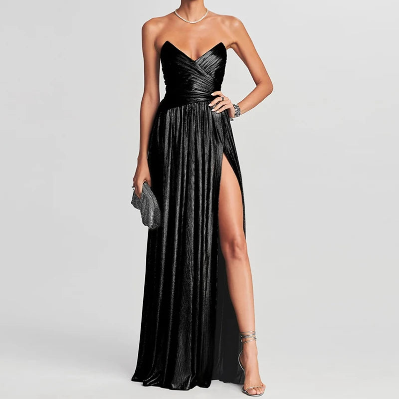 Women Spring Summer Sleeveless Casual Maxi Dress Strapless Elegant Fashion Party Dress Office Lady Retro High Slit Dress Vestido