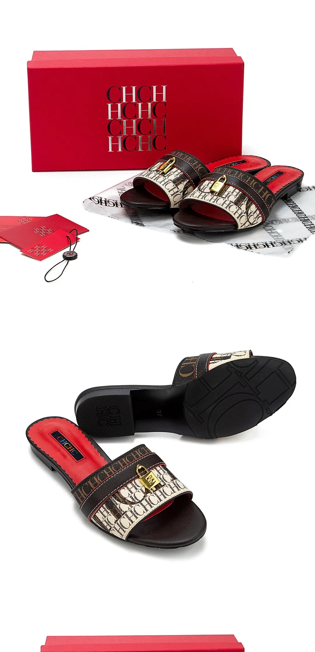 CH High Quality Metal Lock Monogram Print Women's Low Heeled Slippers Delicate and Versatile Women's Fashion Slippers