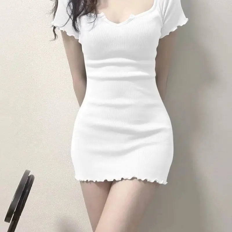 Women's Korean Slim-Fit V-Neck Mini Dress – Spice Girl Style Hip-Hugging Sheath Dress | S–XXL (White, Black, Blue)