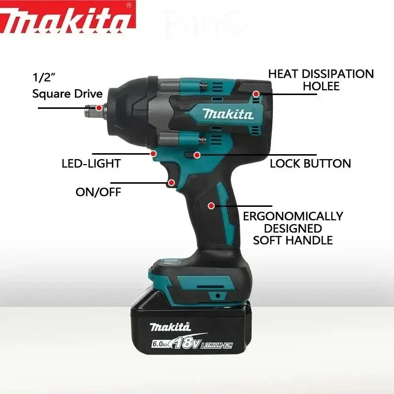 Makita Brushless DTW700 Cordless Electric Impact Wrench 1/2 Inch 18V Battery Compatible Power Tool for Automotive Repair