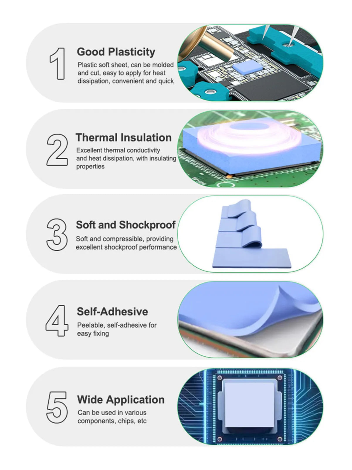 RELIFE RL-098 100PCS Pre-cut Insulating Thermal Pads for IC Chip High Thermal Conductivity Self-adhesive Repair Silicone Sheet