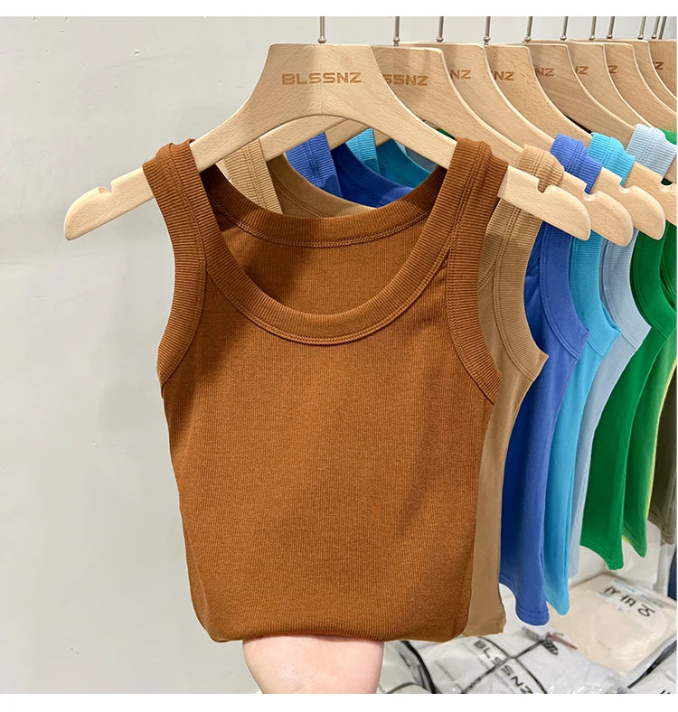 AOSSVIAO Women Solid Round Neck Ribbed Tank Top Camisole Women 2026 Summer Basic Elastic Tank Top O Neck Solid Tank Top